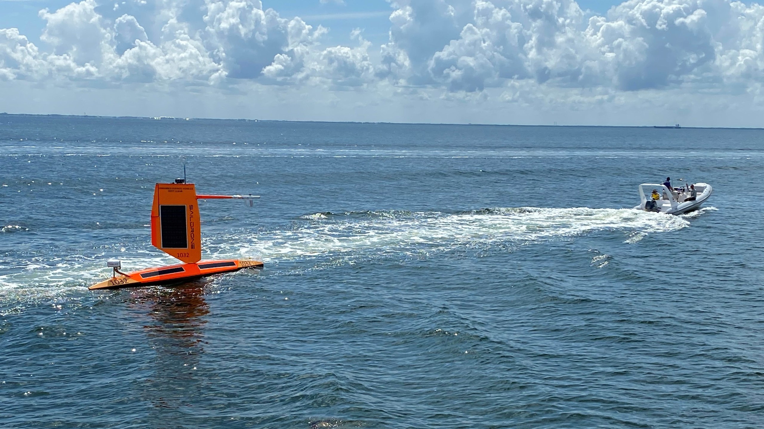 A saildrone was launched this week from St. Petersburg, Florida. Two of the saildrones will track hurricane data in the Gulf of Mexico for the first time. The other five will collect data in the Atlantic Ocean and Caribbean Sea. Credit: NOAA