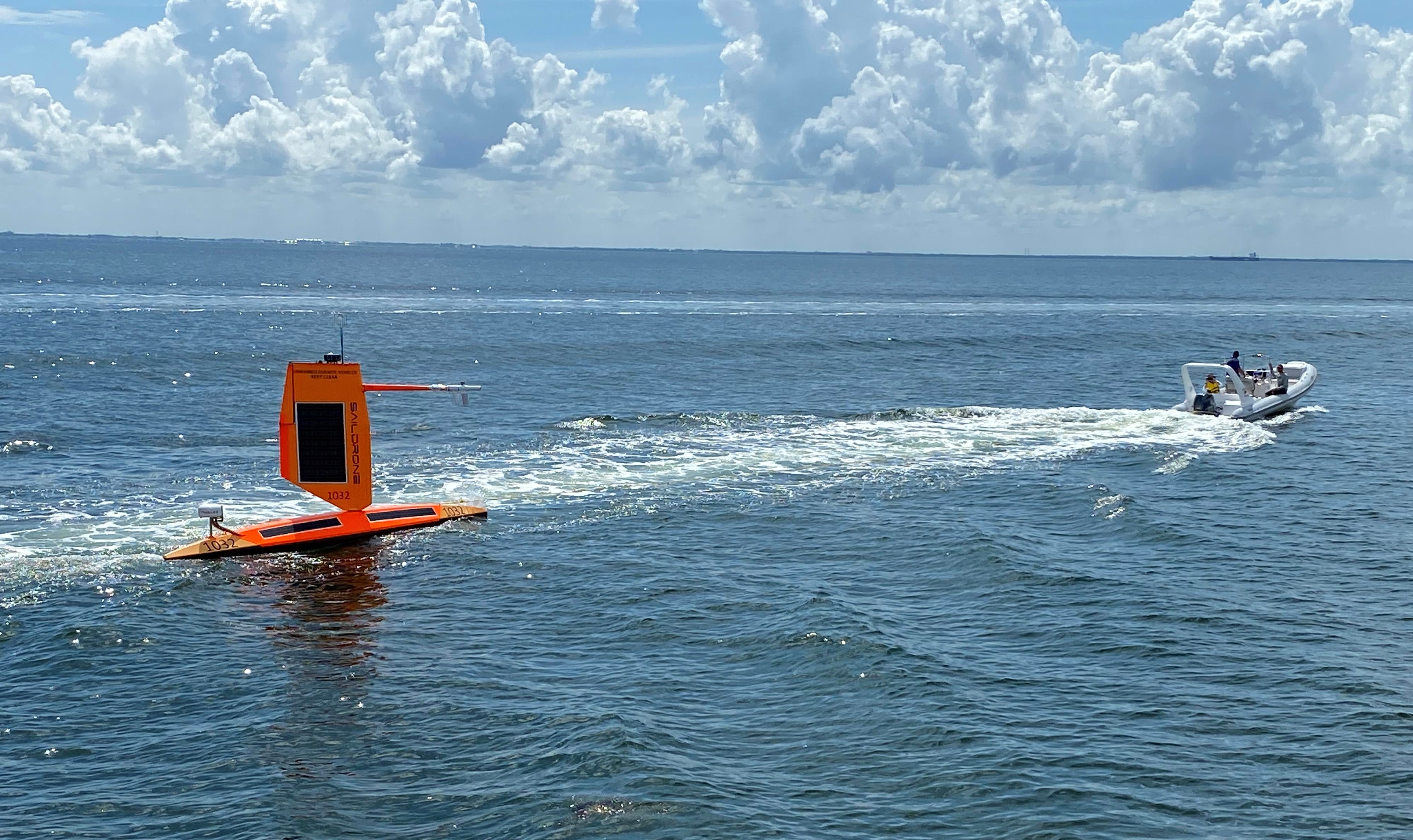 A saildrone was launched this week from St. Petersburg, Florida. Two of the saildrones will track hurricane data in the Gulf of Mexico for the first time. The other five will collect data in the Atlantic Ocean and Caribbean Sea. Credit: NOAA