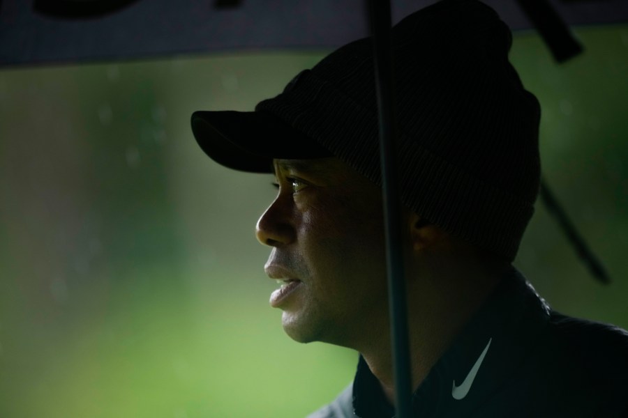 Tiger Woods watches on the 13th hole during the weather delayed third round of the Masters golf tournament at Augusta National Golf Club on Saturday, April 8, 2023, in Augusta, Ga. (AP Photo/Matt Slocum)