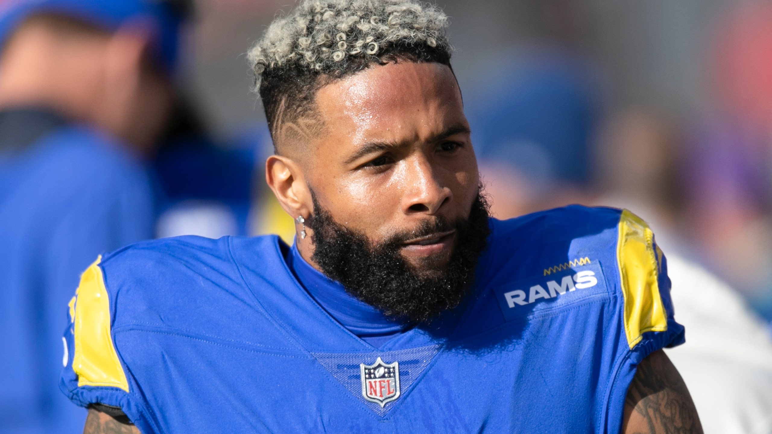 FILE - Los Angeles Rams wide receiver Odell Beckham Jr. walks on the sideline during a NFL divisional playoff football game against the Tampa Bay Buccaneers on Jan. 23, 2022, in Tampa, Fla. The Baltimore Ravens agreed to a one-year contract with Beckham Jr., boosting their flagging wide receiver corps while the team's quarterback situation remains far from certain. The Ravens announced the move Sunday, April 9, 2023. (AP Photo/Alex Menendez, File)