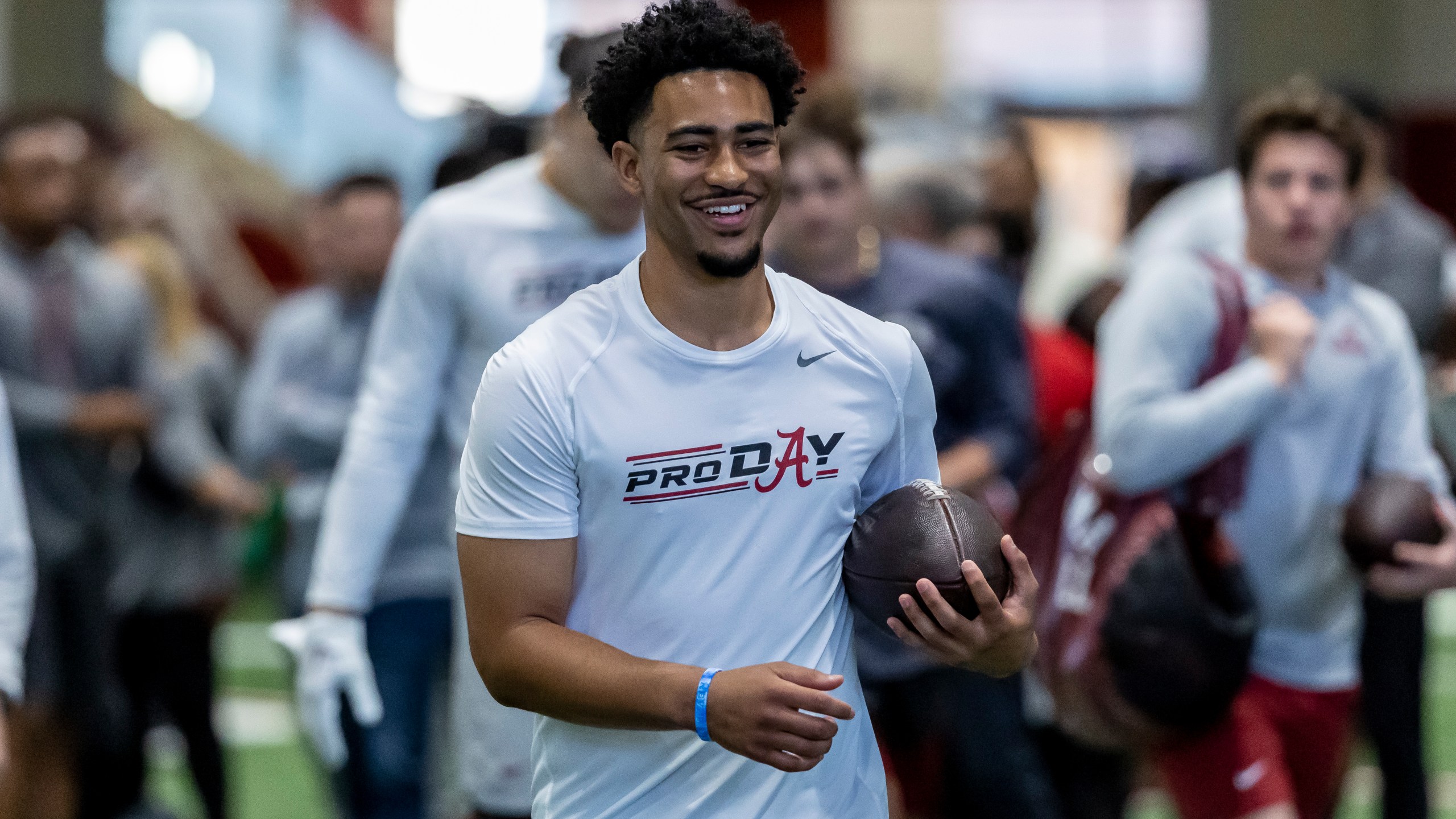 Former Alabama football quarterback Bryce Young works in position drills at Alabama's NFL pro day, Thursday, March 23, 2023, in Tuscaloosa, Ala. (AP Photo/Vasha Hunt)