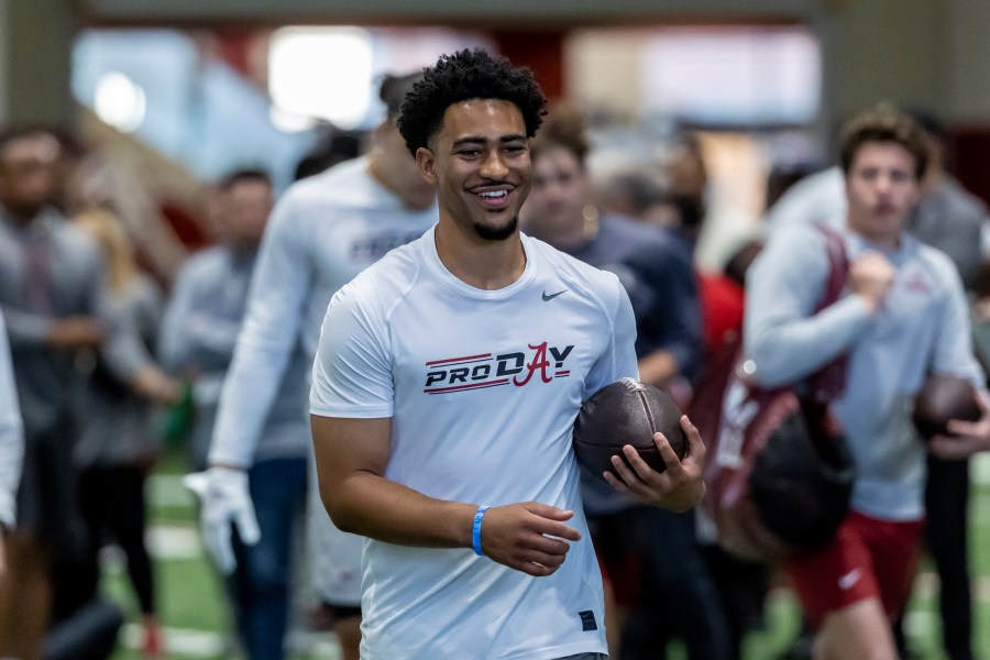 Former Alabama football quarterback Bryce Young works in position drills at Alabama's NFL pro day, Thursday, March 23, 2023, in Tuscaloosa, Ala. (AP Photo/Vasha Hunt)