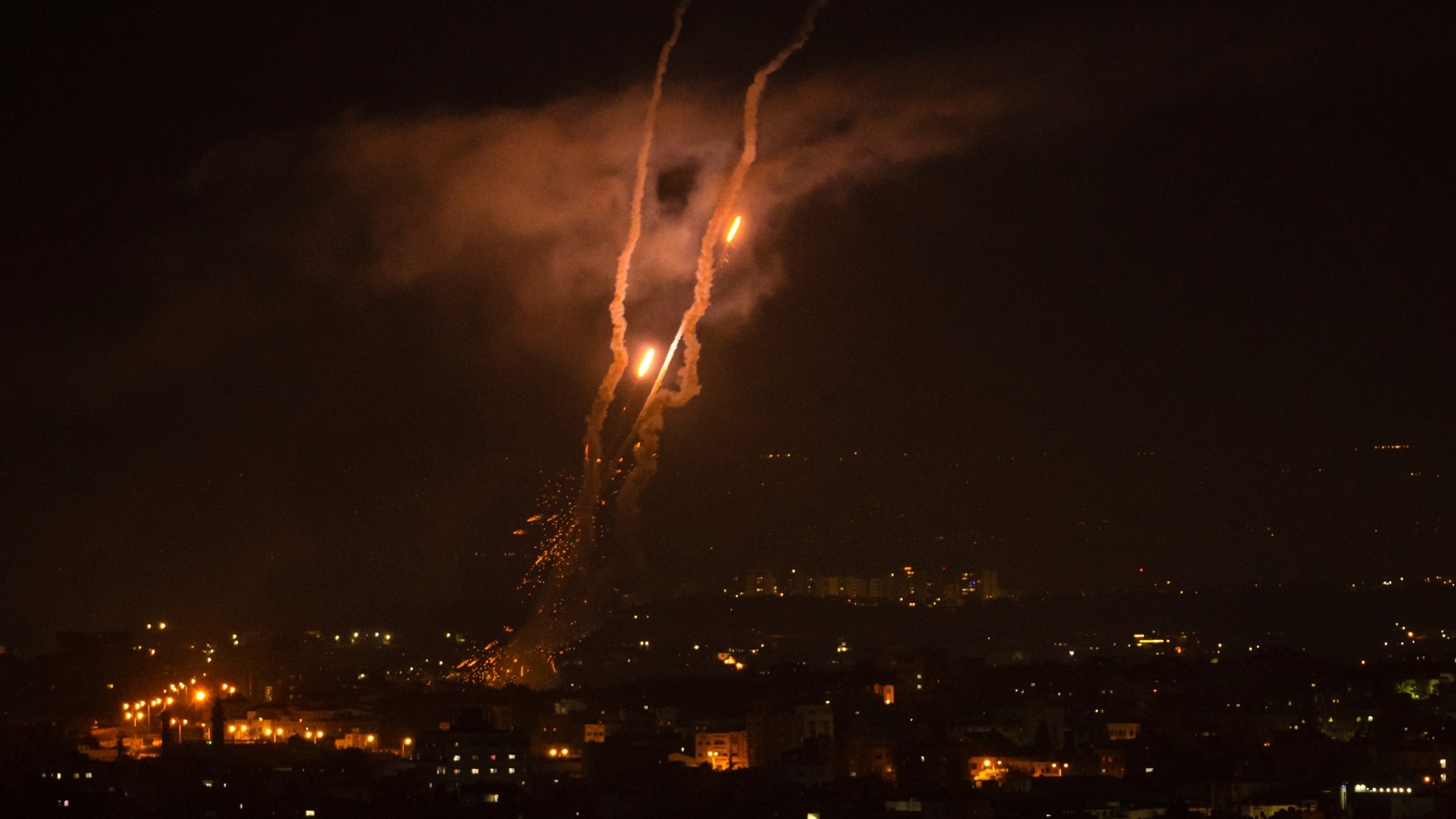 Rockets are launched from the Gaza Strip towards Israel, in Gaza, Wednesday, May 10, 2023. (AP Photo/Fatima Shbair)