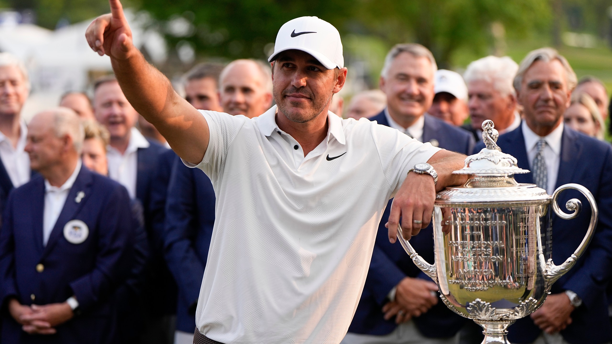 Brooks Koepka celebrates with the Wanamaker trophy after winning the PGA Championship golf tournament at Oak Hill Country Club on Sunday, May 21, 2023, in Pittsford, N.Y.(AP Photo/Eric Gay)