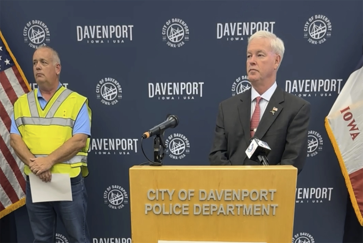 Davenport Fire Chief Carlsten and Mayor Mike Matson provide an updated on the  building collapse during a news conference, Monday, May 29, 2023 in Davenport, Iowa. Carlsten said that it was unclear how many people, if any, were still missing after an apartment building in the eastern Iowa city collapsed. (City of Davenport via AP)