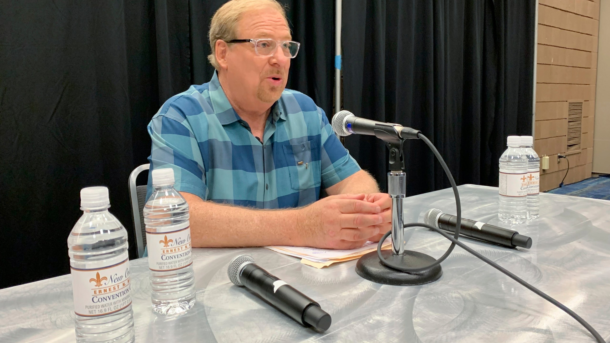 Rick Warren, founding pastor of Saddleback Church in Southern California, responds to Southern Baptists' refusal to let the megachurch back into the denomination for having women pastors during a news conference on Wednesday, June 14, 2023, in New Orleans. Thousands of Southern Baptists are meeting for the final day of their annual meeting. (AP Photo/Peter Smith)