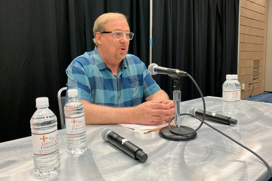 Rick Warren, founding pastor of Saddleback Church in Southern California, responds to Southern Baptists' refusal to let the megachurch back into the denomination for having women pastors during a news conference on Wednesday, June 14, 2023, in New Orleans. Thousands of Southern Baptists are meeting for the final day of their annual meeting. (AP Photo/Peter Smith)