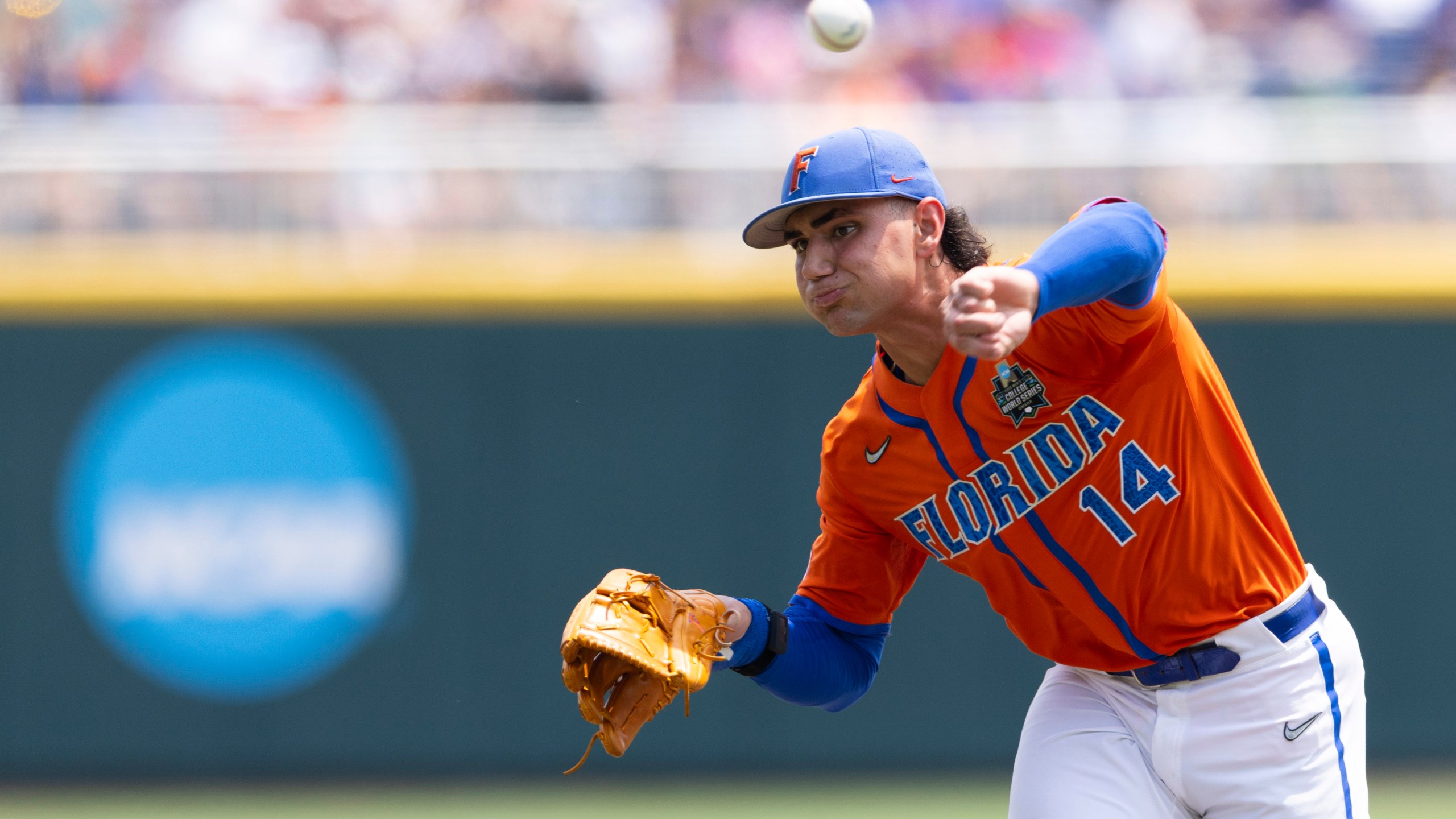 Florida starting pitcher Jac Caglianone pitches against TCU in the first inning of a baseball game at the NCAA College World Series in Omaha, Neb., Wednesday, June 21, 2023. (AP Photo/Rebecca S. Gratz)