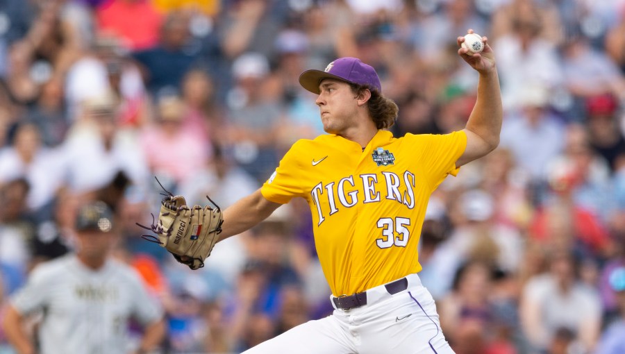 LSU's Griffin Herring pitches against Wake Forest during the third inning of a baseball game at the NCAA College World Series in Omaha, Neb., Wednesday, June 21, 2023. (AP Photo/Rebecca S. Gratz)