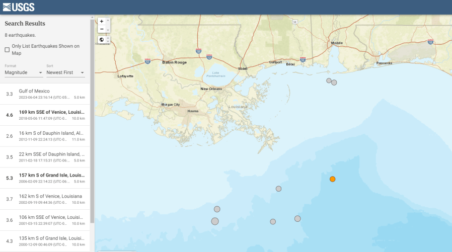 Offshore earthquakes in the north-central Gulf of Mexico since 2000. (Image: USGS)