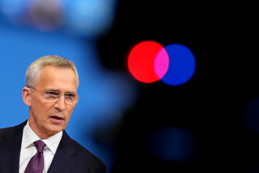 FILE - NATO Secretary General Jens Stoltenberg speaks during a pre-ministerial media conference at NATO headquarters in Brussels, Wednesday, June 14, 2023. NATO Secretary-General Jens Stoltenberg will stay in office for another year, the 31-nation military alliance decided on Tuesday. Stoltenberg said in a tweet that he is "honoured by NATO Allies' decision to extend my term as Secretary General until 1 October 2024." (AP Photo/Virginia Mayo, File)