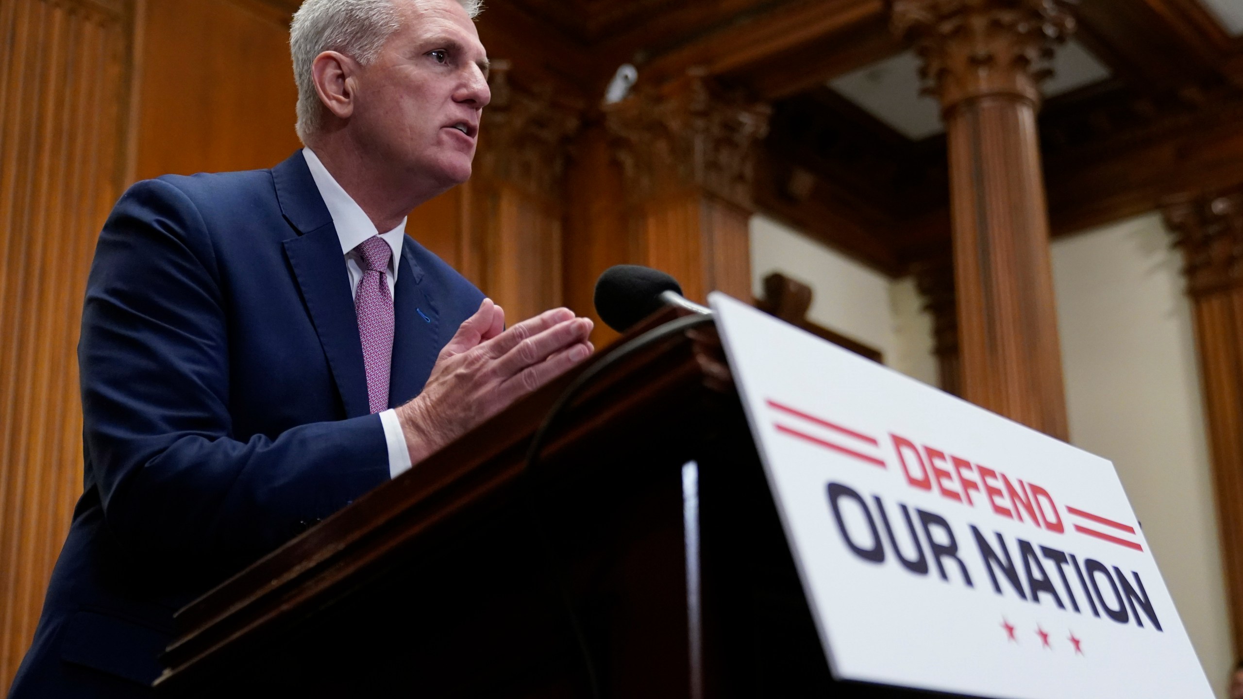 FILE - House Speaker Kevin McCarthy of Calif., speaks during a news conference after the House approved an annual defense bill, Friday, July 14, 2023, on Capitol Hill in Washington. McCarthy suggested recently he might block the FBI from relocating its downtown headquarters to a new facility planned for the suburbs of Washington. It was more than idle thinking about an office renovation. The Republican speaker is elevating a once-fringe conservative proposal to upend the FBI. (AP Photo/Patrick Semansky, File)