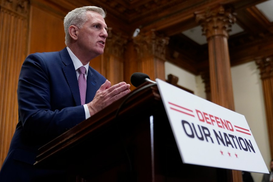 FILE - House Speaker Kevin McCarthy of Calif., speaks during a news conference after the House approved an annual defense bill, Friday, July 14, 2023, on Capitol Hill in Washington. McCarthy suggested recently he might block the FBI from relocating its downtown headquarters to a new facility planned for the suburbs of Washington. It was more than idle thinking about an office renovation. The Republican speaker is elevating a once-fringe conservative proposal to upend the FBI. (AP Photo/Patrick Semansky, File)