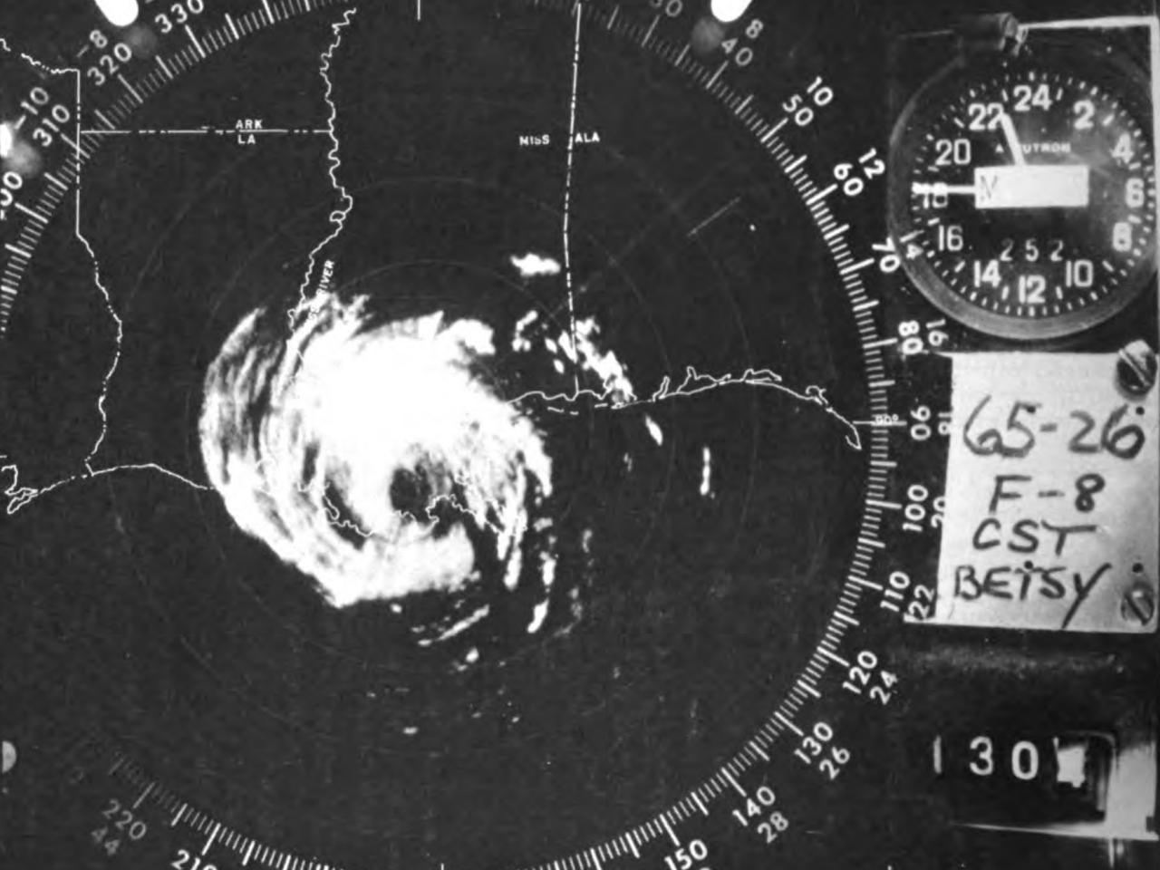 New Orleans, LA WSR-57 radar image of Hurricane Betsy at 10:46 PM CST on September 9, 1965, shortly after landfall. Image: Mariners Weather Log, January 1966.