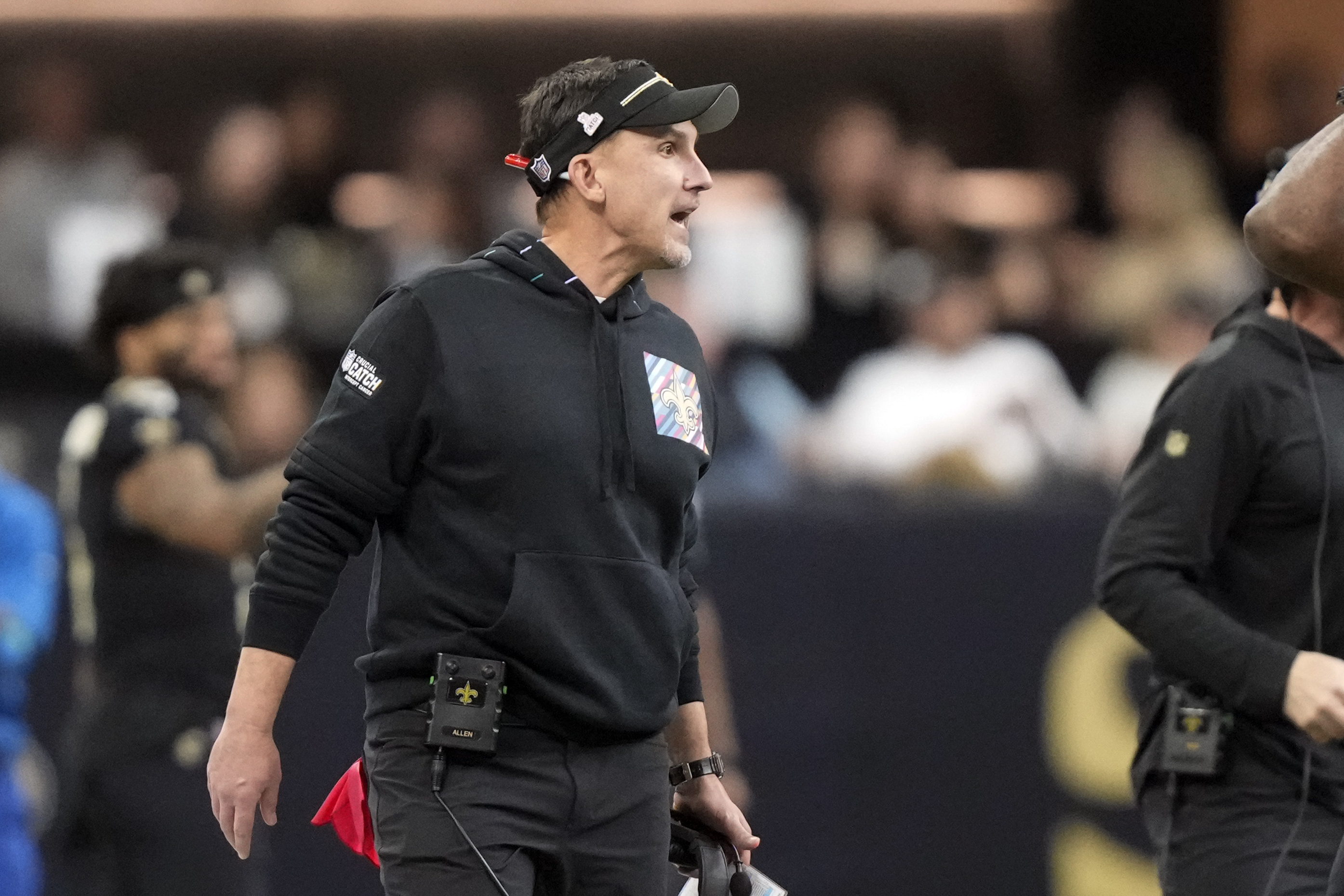 New Orleans Saints head coach Dennis Allen ha words with an official in the first half of an NFL football game against the Jacksonville Jaguars in New Orleans, Thursday, Oct. 19, 2023. (AP Photo/Gerald Herbert)