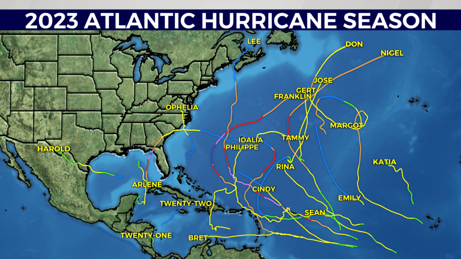 A map showing the paths of named storms during the 2023 Atlantic Hurricane Season.