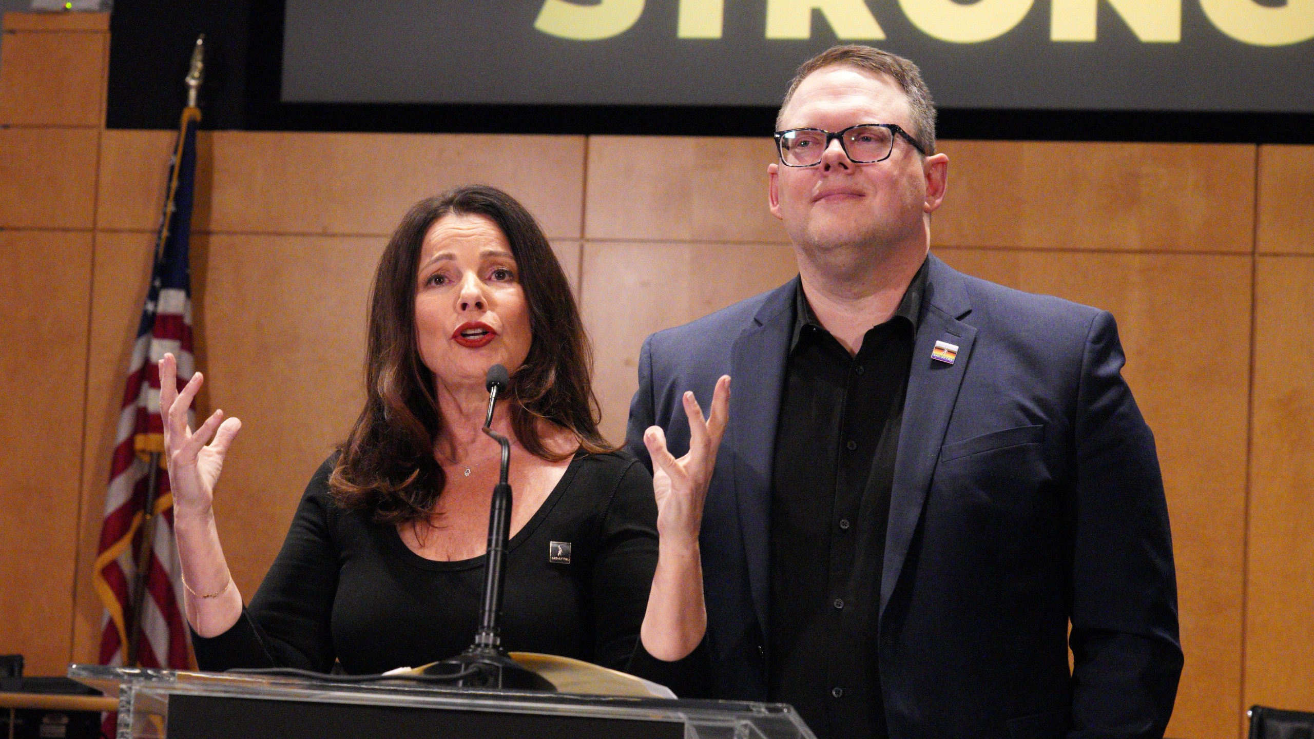 SAG-AFTRA President Fran Drescher, with National Executive Director and Chief Negotiator Duncan Crabtree-Ireland speak during a news conference at the SAG-AFTRA offices in Los Angeles on Friday, Nov. 10, 2023. (AP Photo/Richard Vogel)