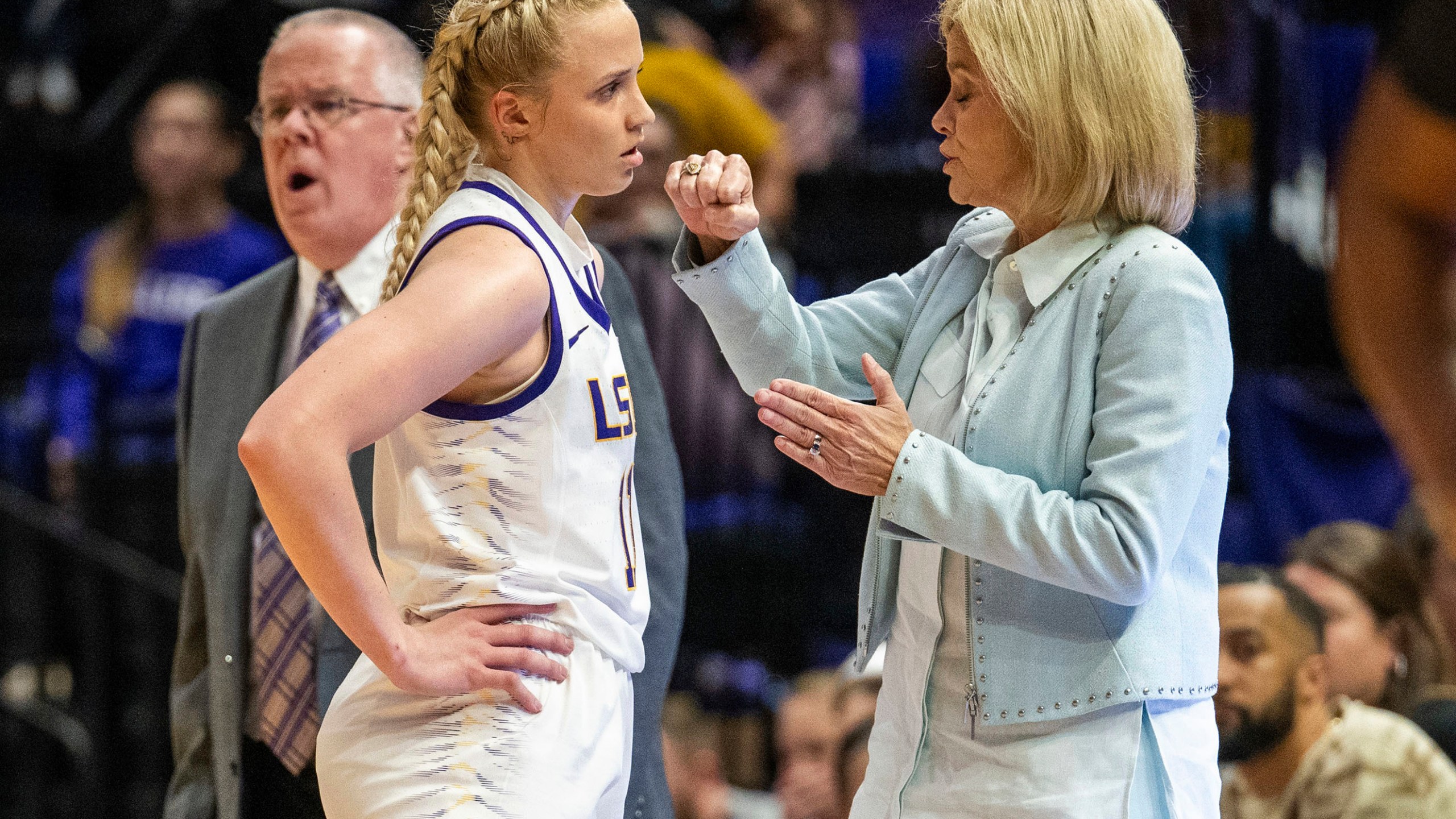 LSU head coach Kim Mulkey, right, talks with guard Hailey Van Lith (11) during a break in the second period against Texas Southern during an NCAA college basketball game Monday, Nov. 20, 2023, in Baton Rouge, La. (Michael Johnson/The Advocate via AP)