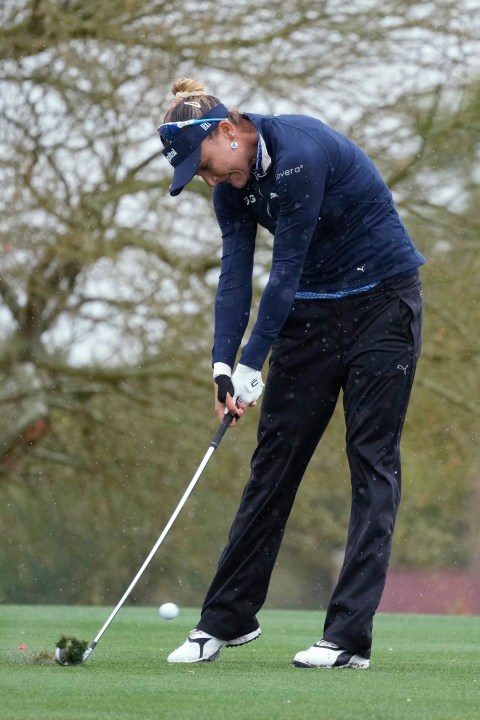 Lexi Thompson hits her tee shot on the fourth hole during the final round of LPGA Ford Championship golf tournament Sunday, March 31, 2024, in Gilbert, Ariz. (AP Photo/Ross D. Franklin)