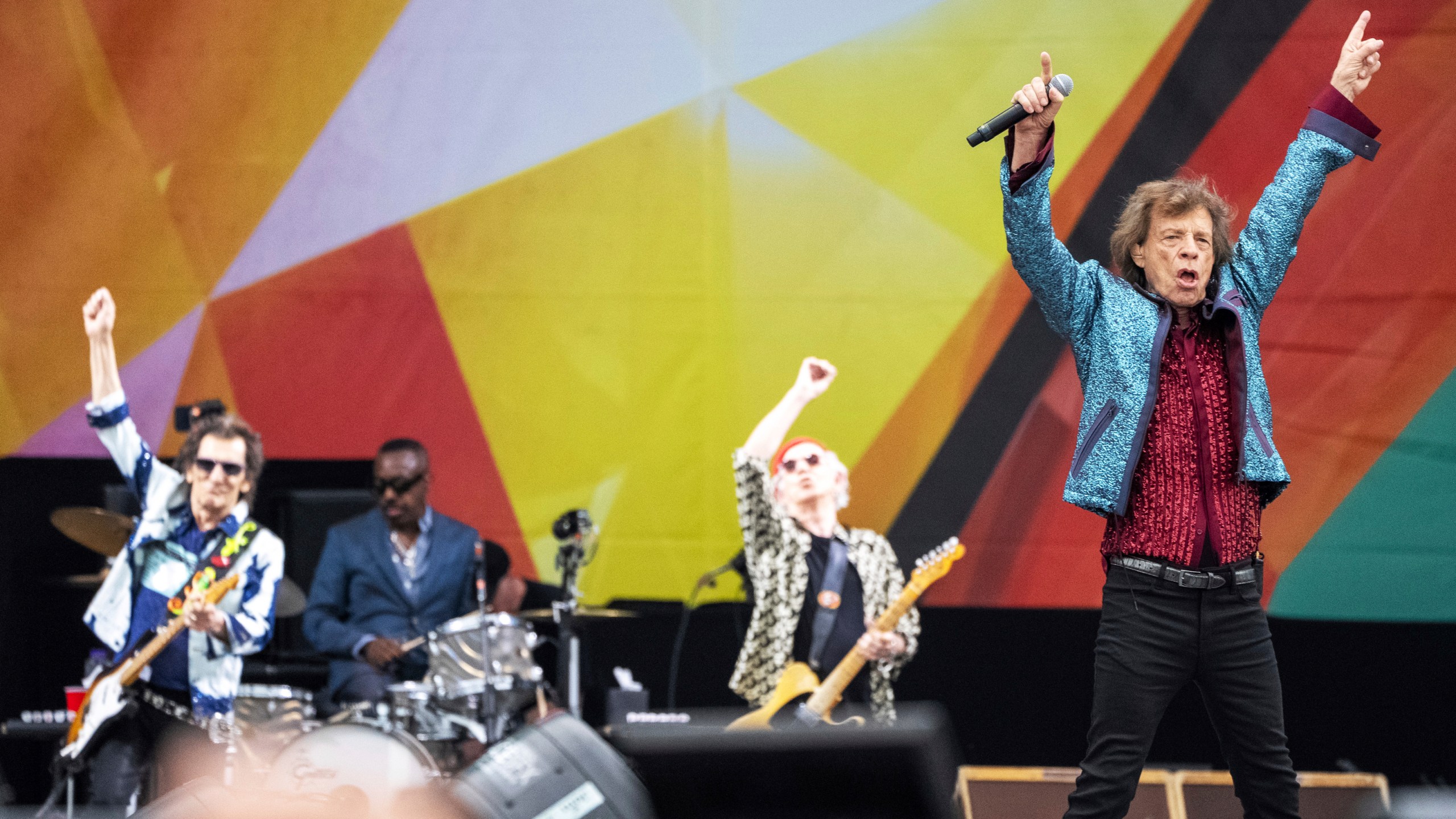 Ron Wood, left, Steve Jordan, Keith Richards and Mick Jagger, of the Rolling Stones, perform during the New Orleans Jazz & Heritage Festival on Thursday, May 2nd, 2024, at the Fair Grounds Race Course in New Orleans. (Photo by Amy Harris/Invision/AP)