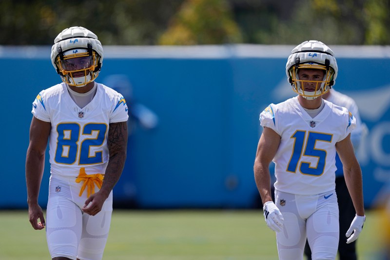 Los Angeles Chargers wide receiver Brenden Rice, left, and wide receiver Ladd McConkey get set to run a drill during an NFL rookie minicamp football practice Friday, May 10, 2024, in Costa Mesa, Calif. (AP Photo/Mark J. Terrill)