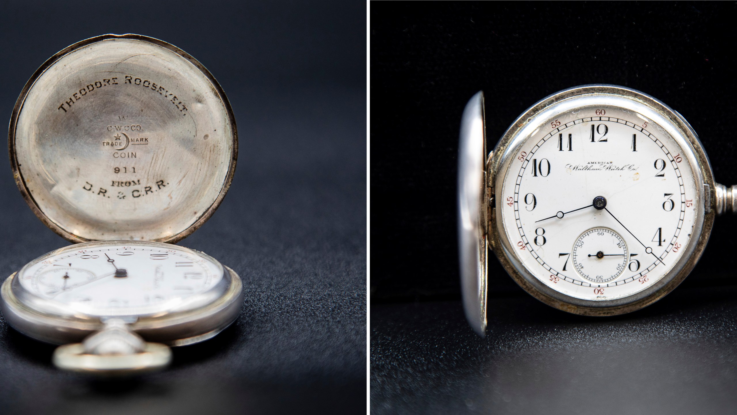 These photos, provided by the National Parks Service, show Theodore Roosevelt's favorite pocket watch that was stolen in July 1987 while on display in Buffalo, NY. The watch turned up at an auction house and was returned this week to the Sagamore Hill national historic site in New York. (Jason Wickersty/National Park Service via AP)