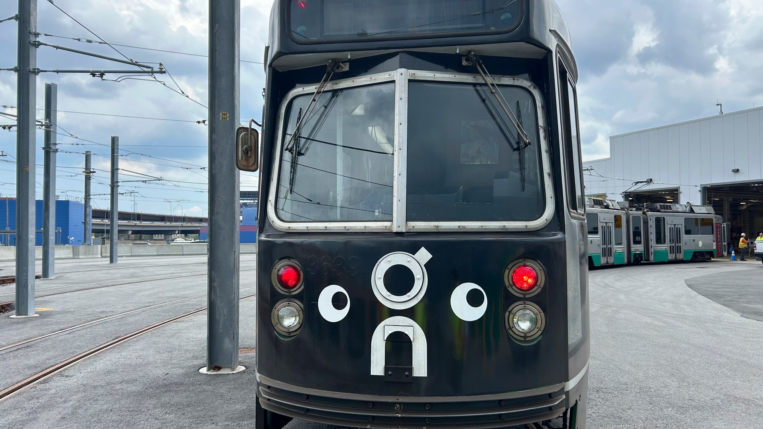 In this undated photo released by the Massachusetts Bay Transportation Authority, MBTA, a subway car dons googly eyes under its front windshield in Boston. (Massachusetts Bay Transportation Authority via AP)