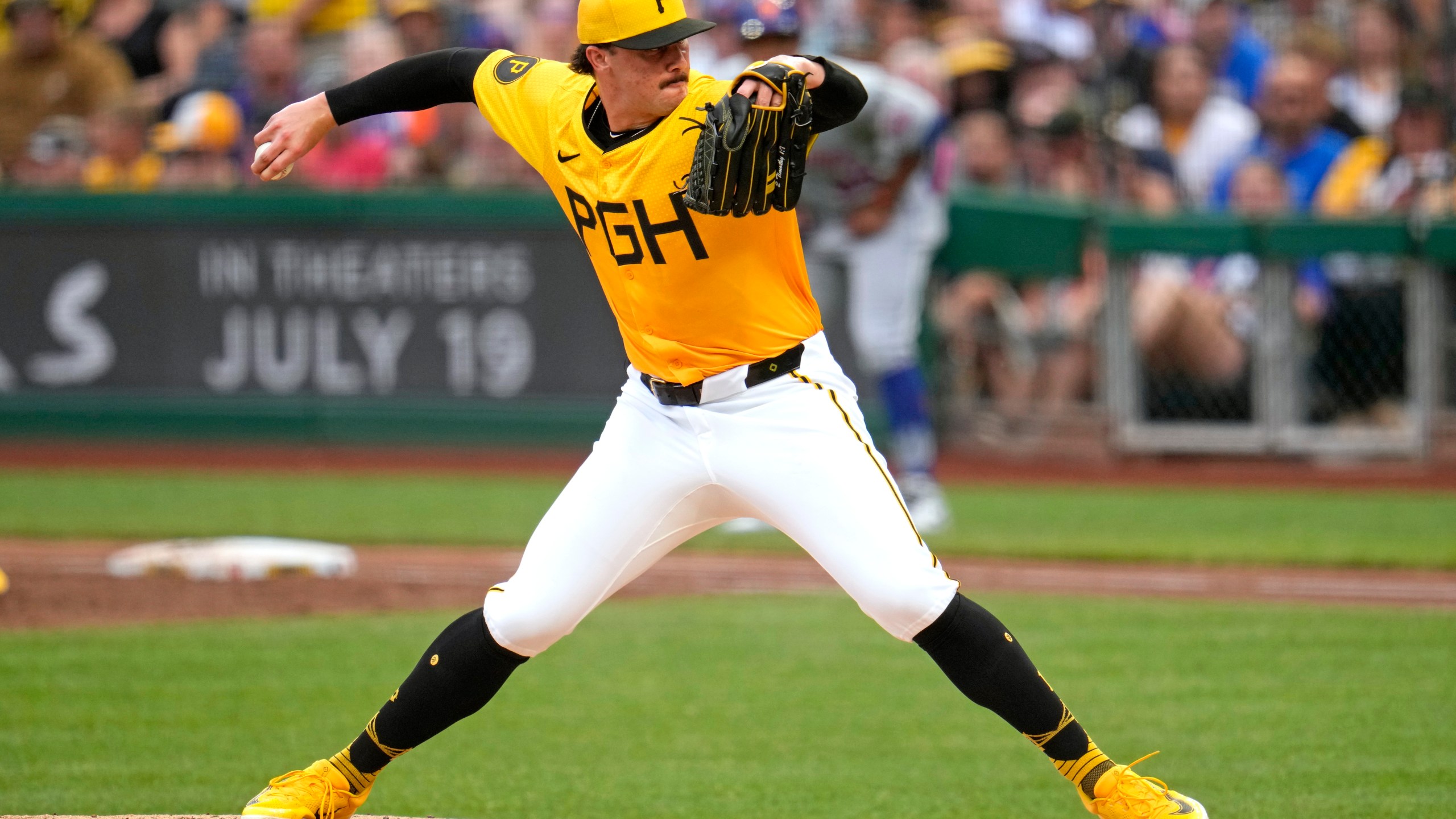 Pittsburgh Pirates starting pitcher Paul Skenes delivers during the second inning of a baseball game against the New York Mets in Pittsburgh, Friday, July 5, 2024. (AP Photo/Gene J. Puskar)