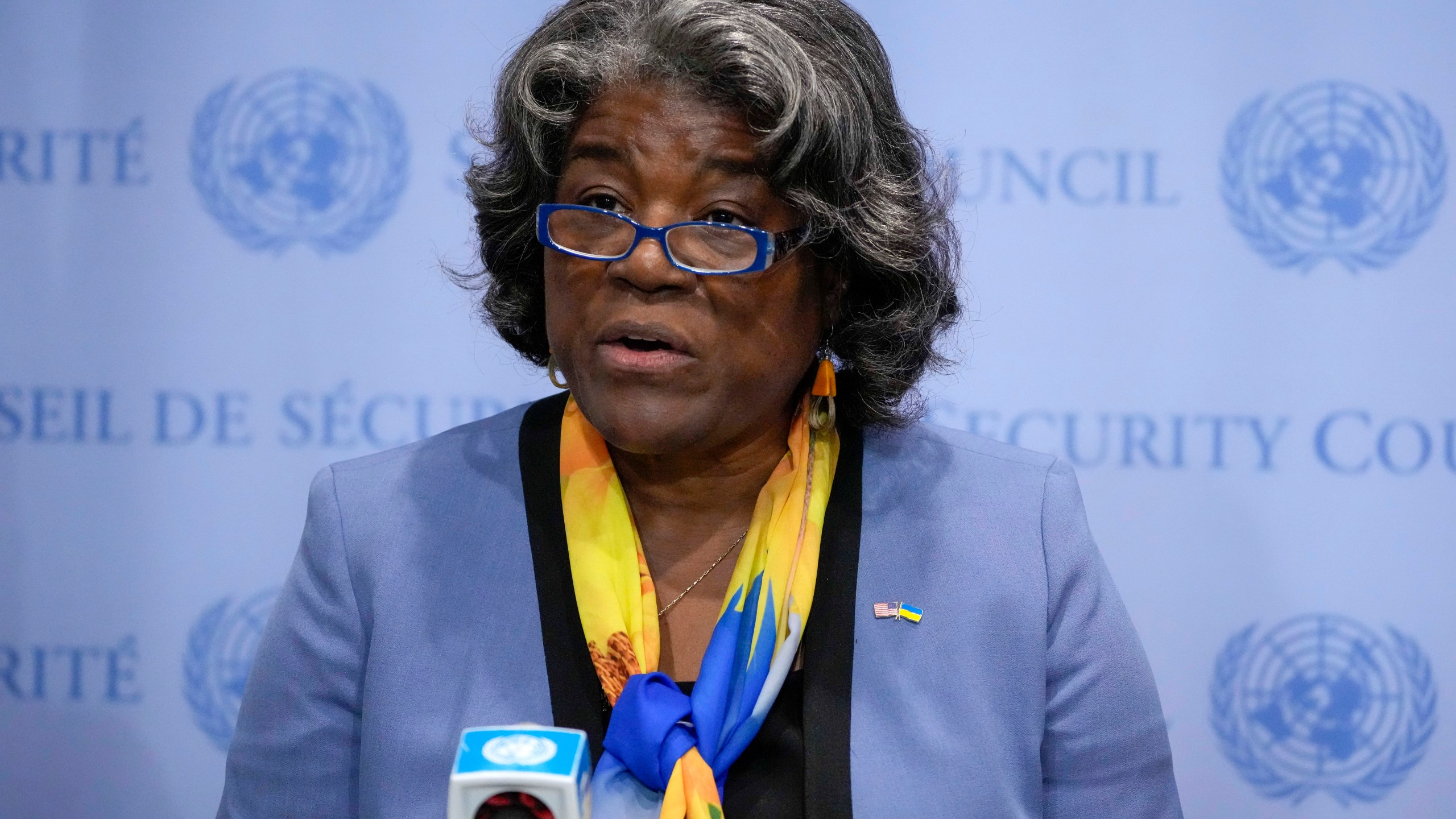 FILE - Linda Thomas-Greenfield, United States Ambassador to the United Nations, speaks after a meeting of the United Nations Security Council Thursday, Aug. 24, 2023, at United Nations headquarters. The United States has signed a memorandum with several of the world’s biggest social media companies aimed at preventing the use of their platforms for the distribution of synthetic drugs. Thomas-Greenfield told the signing ceremony Thursday, July 11, 2024, that “Technology companies have a critical role to play in both stopping the illegal manufacturing, trafficking and marketing of synthetic drugs, and just as importantly, educating the public.” (AP Photo/John Minchillo, File)