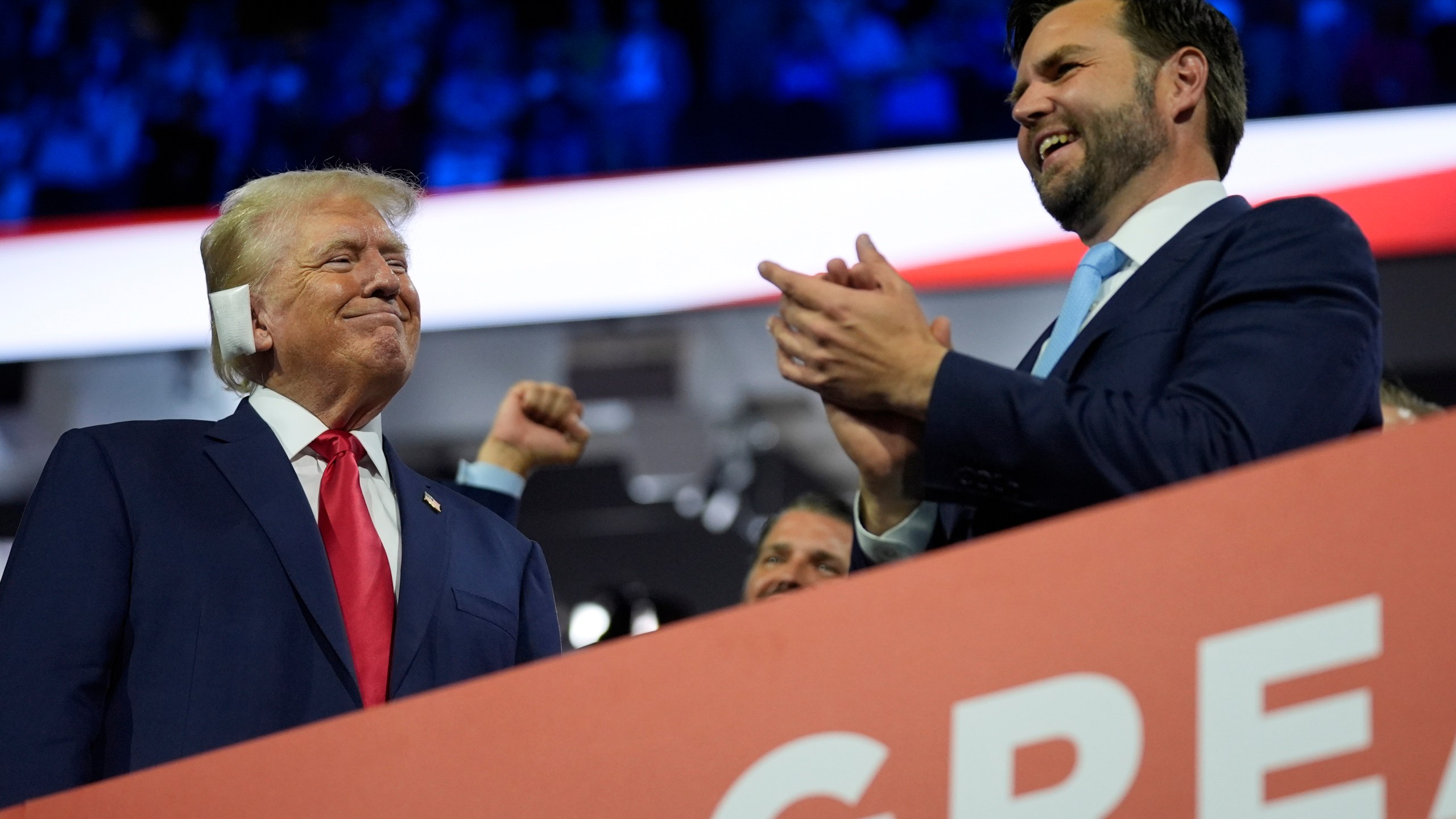 Republican presidential candidate former President Donald Trump and Republican vice presidential candidate Sen. JD Vance, R-Ohio, attend the first day of the Republican National Convention, Monday, July 15, 2024, in Milwaukee. (AP Photo/Evan Vucci)