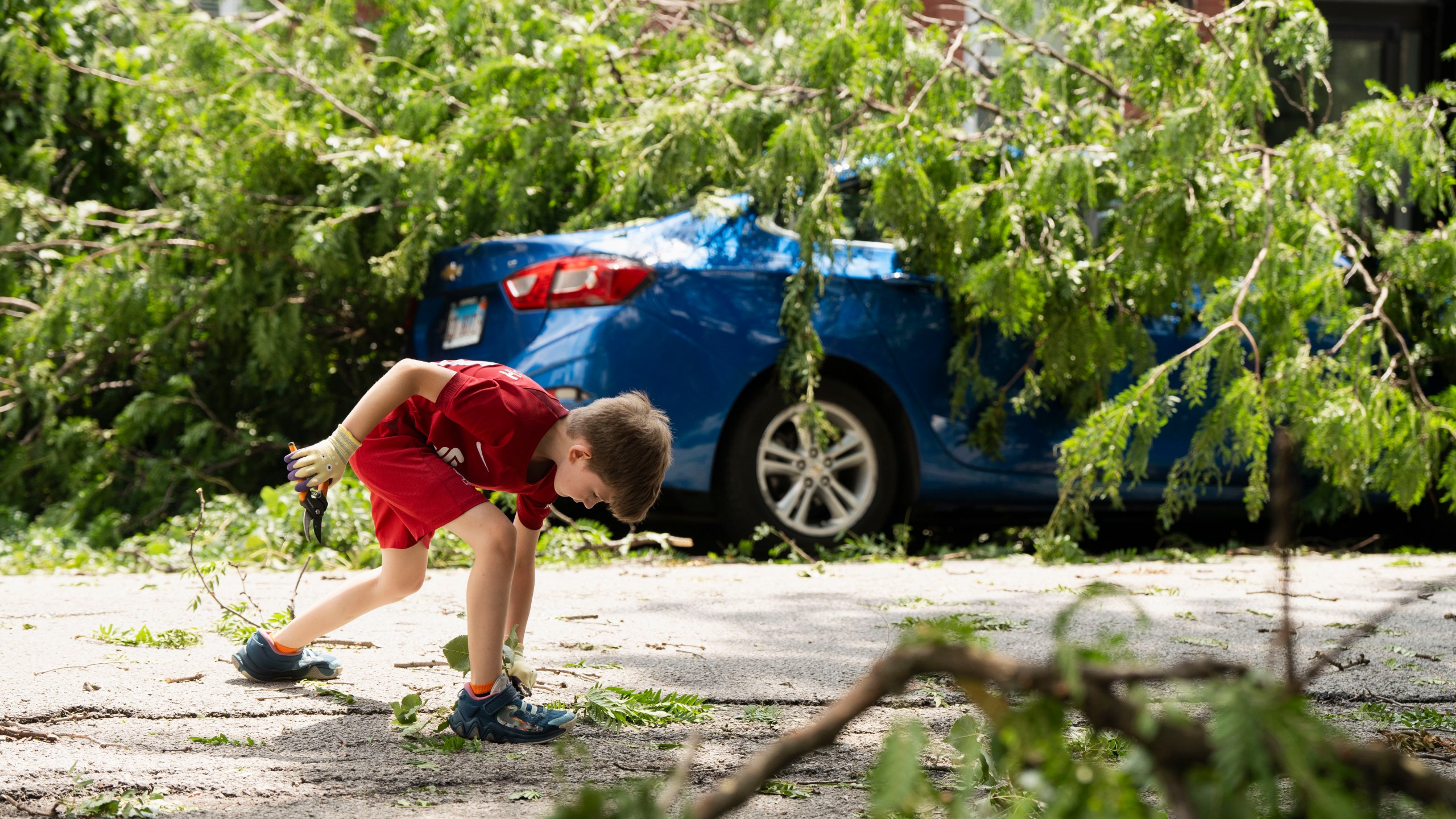 Ezra Solomon, 8, helps clear the road of debris near the intersection of West Huron and North Leavitt streets in Chicago's West Town neighborhood, Tuesday, July 16, 2024, after severe storms passed through the Chicago area the night before. (Pat Nabong/Chicago Sun-Times via AP)