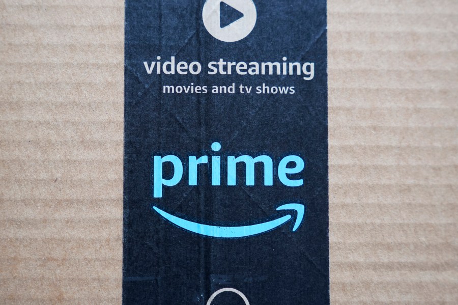 FILE - An Amazon Prime cardboard shipping box label is seen on March 17, 2023, in East Derry, N.H. Amazon Prime Day is here. And experts are reminding consumers to be wary of scams. (AP Photo/Charles Krupa, File)