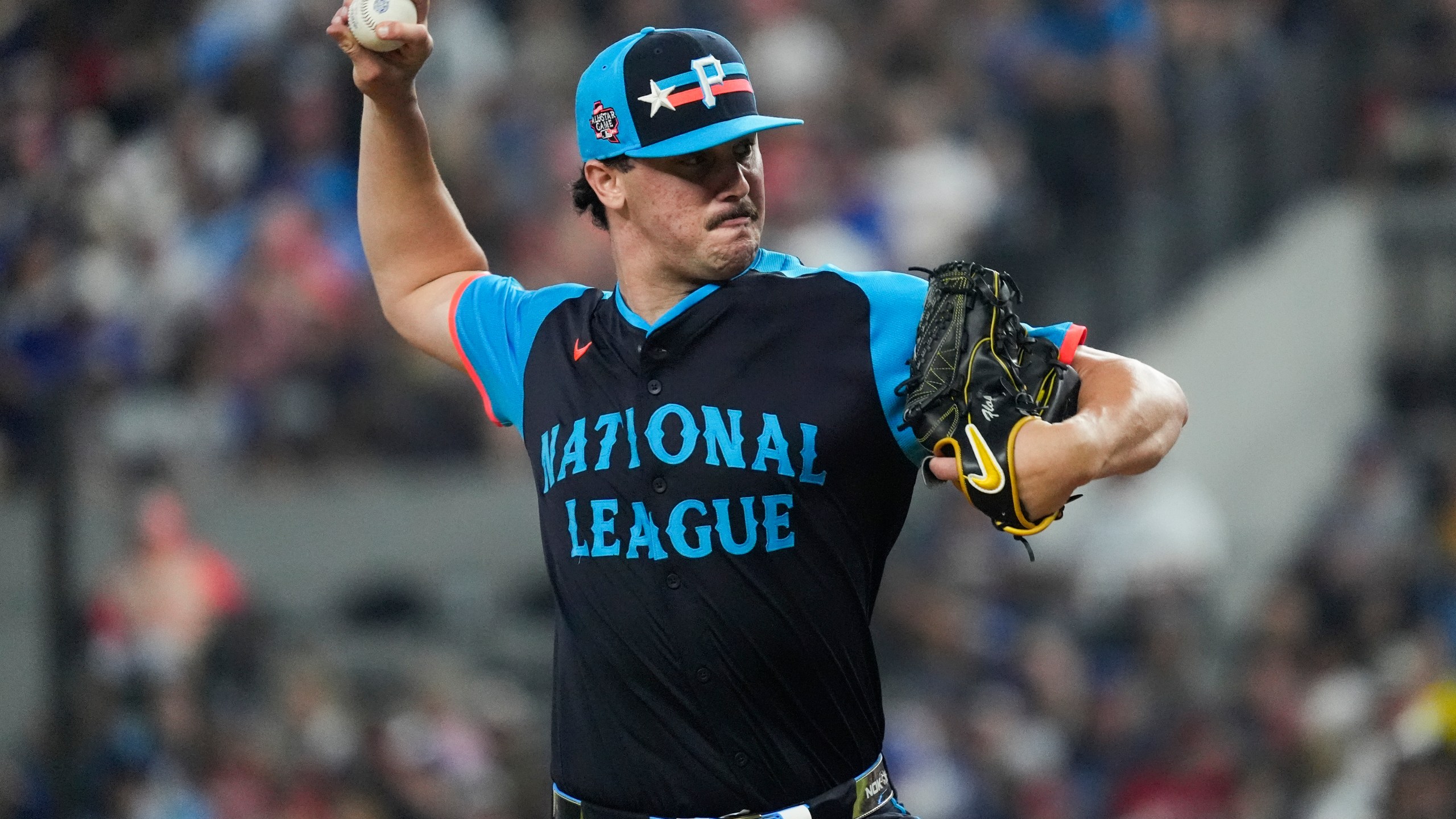 National League's Paul Skenes, of the Pittsburgh Pirates, throws during the first inning of the MLB All-Star baseball game, Tuesday, July 16, 2024, in Arlington, Texas. (AP Photo/LM Otero)