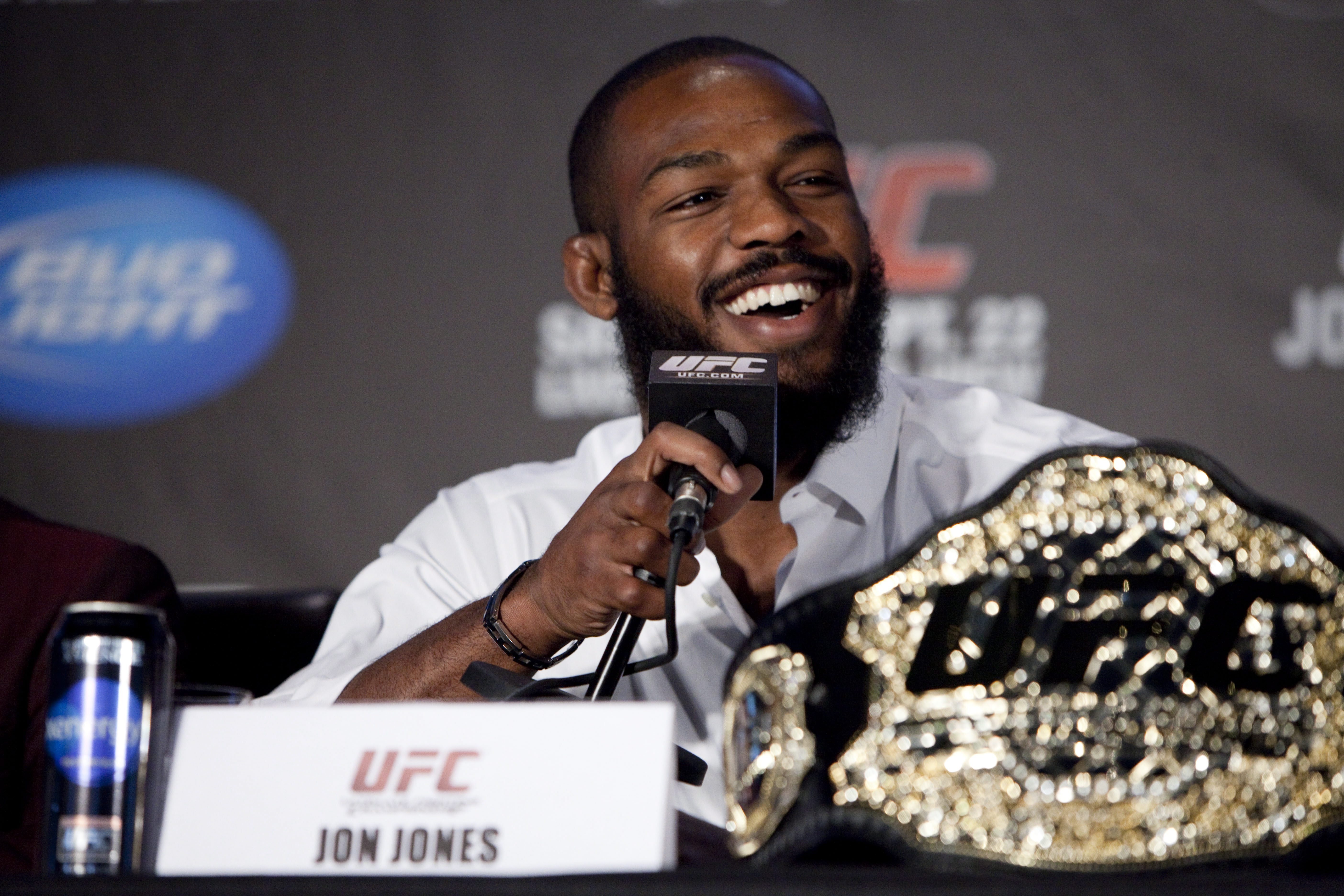 FILE - Jon Jones speaks during the UFC 152 pre-fight press conference at the Real Sports Bar and Grill in Toronto, Sept. 20, 2012. The UFC heavyweight champion is due in court Wednesday, July 17, 2024, to face a pair of misdemeanor charges that stem from a drug test at his New Mexico home in March in which he was accused of being hostile. (Matthew Sherwood/The Canadian Press via AP, File)