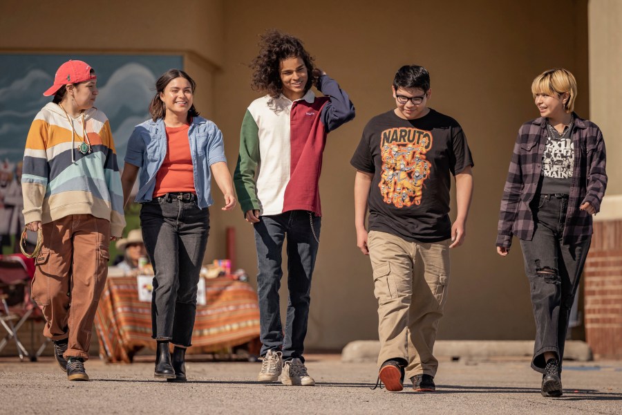 This image released by FX shows, from left, Paulina Alexis, Devery Jacobs, D'Pharaoh Woon-A-Tai, Lane Factor and Elva Guerra in a scene from "Reservation Dogs." (Shane Brown/FX via AP)